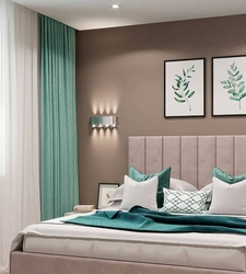 Mint curtains in the bedroom interior