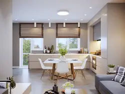Interior living room kitchen with large windows