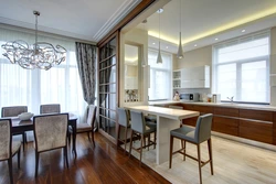 Interior living room kitchen with large windows