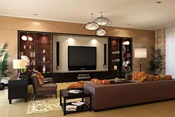 Showcases in the interior of a living room in a modern