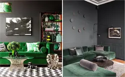 What color goes with emerald color in the living room interior