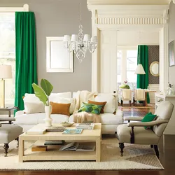 What color goes with emerald color in the living room interior