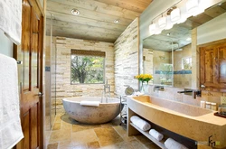 Bath interior with wood and stone