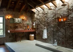 Bath interior with wood and stone