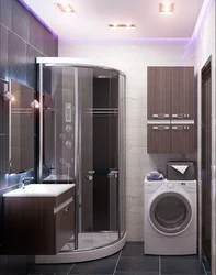 Bathroom design photo with shower, washing machine, toilet