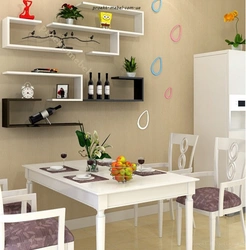 Shelves on the wall in the kitchen interior above the table