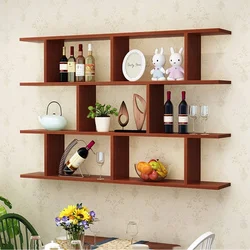 Shelves on the wall in the kitchen interior above the table