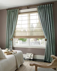 Curtains up to the window sill in the living room in a modern interior