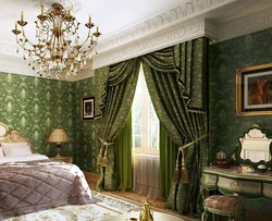 Green Color Of Curtains In The Bedroom Interior