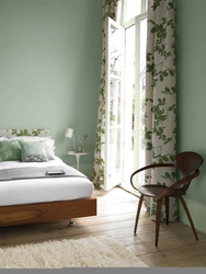 Зялёны колер штор у інтэр'еры спальні
