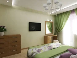 Green color of curtains in the bedroom interior