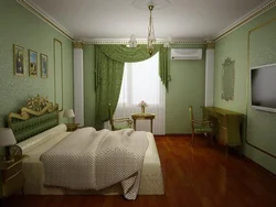 Green Color Of Curtains In The Bedroom Interior