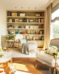 Bookshelves in the living room interior