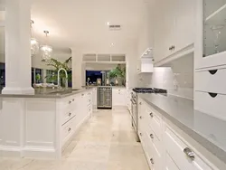 White marble floor in the kitchen interior
