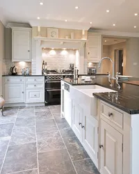 White marble floor in the kitchen interior