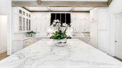 White marble floor in the kitchen interior