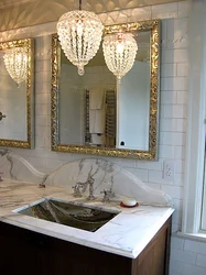 Photo of bathroom ceiling with chandelier