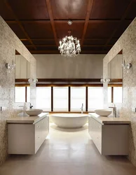 Photo of bathroom ceiling with chandelier