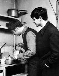 Photo of the beatles in the kitchen