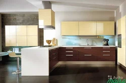 In the interior, a beige and brown kitchen is combined with