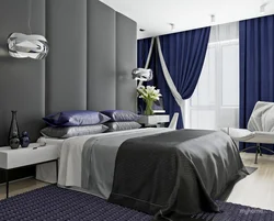 Dark blue curtains in the bedroom photo