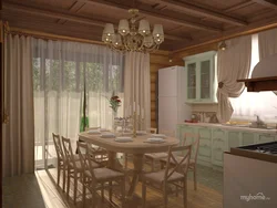 Interior of a combined living room and kitchen in a wooden house