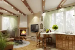 Interior of a combined living room and kitchen in a wooden house