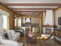 Интерьер совмещенной гостиной и кухни в деревянном доме