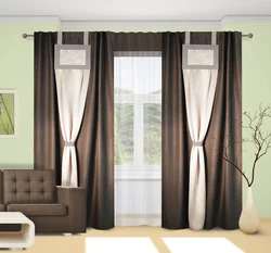 Chocolate-colored curtains in the living room interior