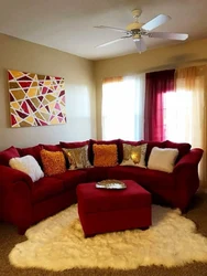 Red sofa in the living room interior