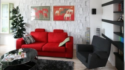Red sofa in the living room interior