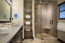 Bathroom interiors with shower without bathtub