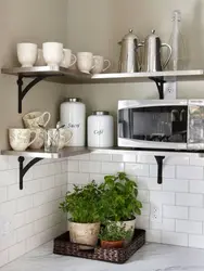 Shelves in the interior of a small kitchen