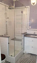 Bathroom without bathtub and shower with curtain photo