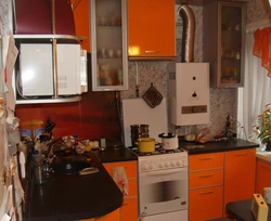 Kitchens in Khrushchev with a gas water heater and a refrigerator design