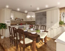 Kitchen interior with large dining room
