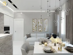 Kitchen living room in light gray tones design