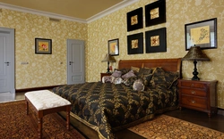Wallpaper design for bedroom with dark furniture