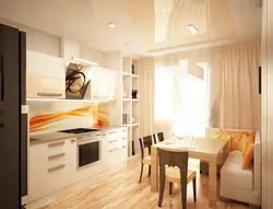 Rectangular kitchen design with sofa and balcony