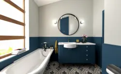 Дизайн ванны синий с деревом