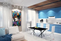 Дизайн кухни гостиной в голубом цвете