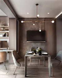 Living room kitchen design in brown photo