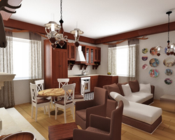 Living room kitchen design in brown photo