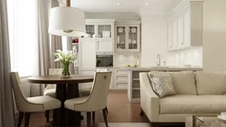 Kitchen living room interior with sofa by the window