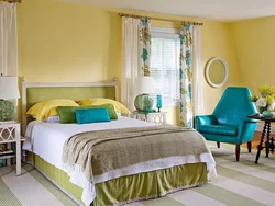 Жоўты колер сцен у інтэр'еры спальні