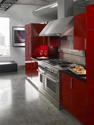 Red-Gray Kitchen In The Interior Photo