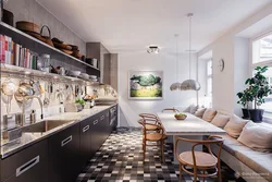 Long living room kitchen interior