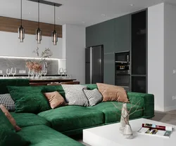 Green sofa in the interior of the kitchen living room