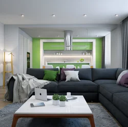 Green Sofa In The Interior Of The Kitchen Living Room