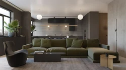 Green sofa in the interior of the kitchen living room